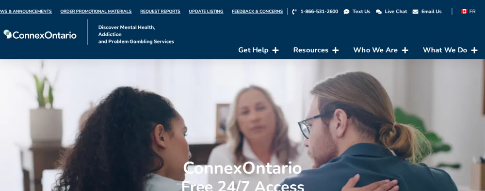 ConnexOntario homepage offering free 24/7 problem gambling support