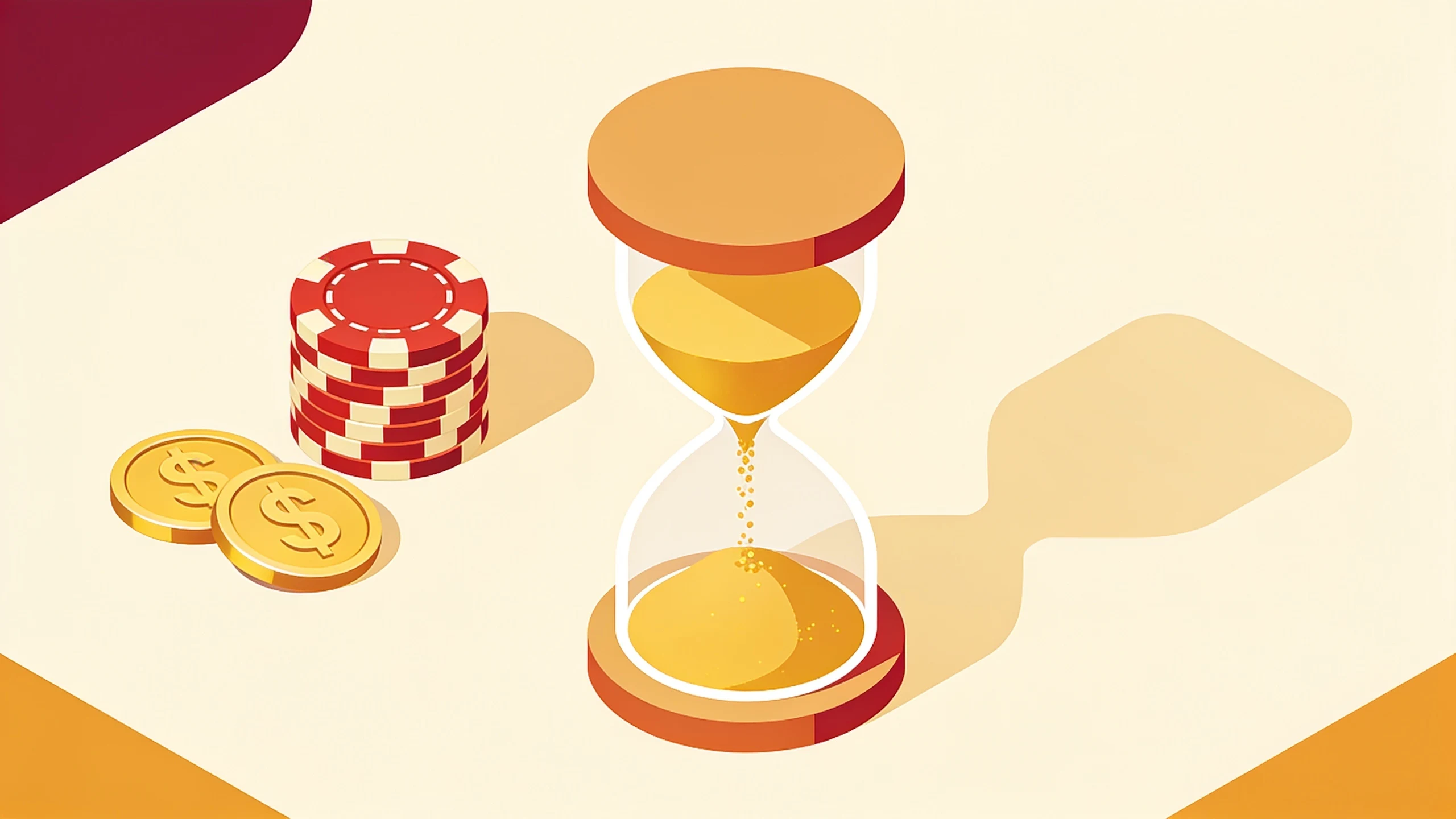 Isometric illustration of an hourglass with casino chips and coins