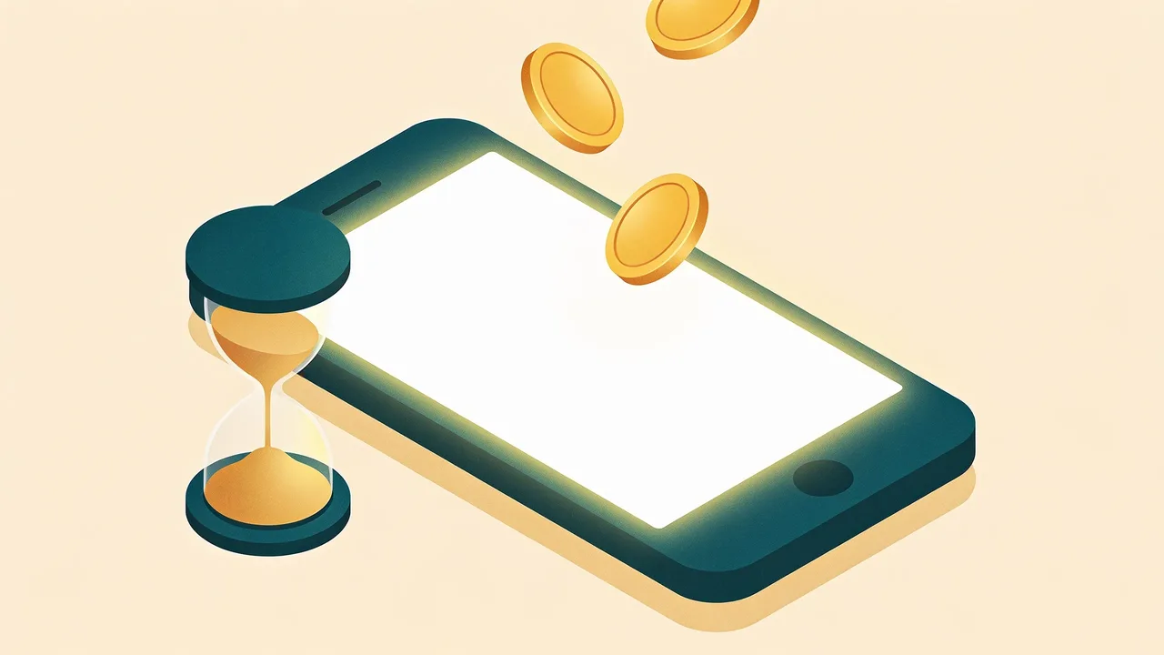 Isometric illustration of a smartphone with coins and an hourglass beside it
